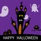 Halloween card. Haunted house silhouette with eyes, windows, pumpkins, owl and flying transparent ghost. Boo Funny Cute cartoon ba