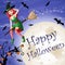 Halloween card with red-haired witch flying over moon