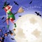 Halloween card with red-haired witch flying over moon
