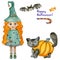 Halloween card. Redhead young witch in green dress with spiders. Black cat in pumpkin. Candy, bat.