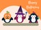 Halloween card template with stylized penguin characters.