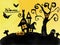 Halloween card, watercolour silhouette haunted house and graveyard