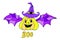 Halloween card with yellow pumpkin with wings and lettering isolated on white background. Funny doodle art. Jack lantern in wizard