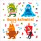 Halloween cartoon character set. Hand-drawn vector illustration with Monster, Slime Slug, Wolf, Devil and small patterns