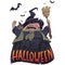 Halloween cartoon scary witch with broom and owl