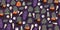 Halloween cartoon style hand drawn seamless pattern with coffin, grave, raven, zombie hand. Fabric textile, wrapping paper or web