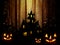 Halloween. Castle and pumpkins.