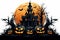 halloween castle silhouettes with bats and pumpkins background. Transparent background