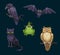 Halloween cat, bat and owl, crow and frog animals