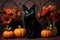 halloween cat and pumpkin. reed flowers. old damask wallpaper background.