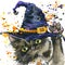 Halloween cat and witch hat. Watercolor illustration background