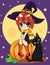 A Halloween cat and witch sits against a full moon at night. Near the broom, pumpkin with sweets and leaves, volatile vampires and