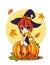 A Halloween cat and witch sits against a full moon at night. Near the broom, pumpkin with sweets and leaves, volatile vampires and
