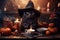 Halloween cat in witchy hat doing some magic, pumpkins and burning candles.