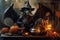Halloween cat in witchy hat doing some magic, pumpkins and burning candles.