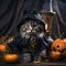 Halloween cat in wizard or witch costume on dark gray background with stars, spider and cobweb