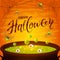 Halloween cauldron with green potion and spiders on orange background
