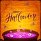 Halloween cauldron with purple potion and spiders on orange back