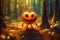 halloween celebration day with pumpkins, haunted house and people celebrating