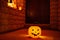 Halloween celebration party. Joke for children is ready for trick or treat on Halloween night. Big bucket shaped like a pumpkin