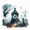 Halloween cemetery, watercolor illustration, halloween design element Generative AI animal ai