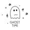 HALLOWEEN character ghost with phrase GHOST TIME for Spooky Season on 31 october. Vector illustration creepy cartoon