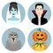 Halloween character set. Vampire, werewolf, dead bride, Jack-o-Lantern