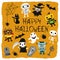 Halloween characters jack-o-lantern, pumpkin, mommy, ghost, bat, black cat, skeleton, monster, coffin, grave, werewolf, witch,