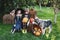 Halloween children enjoying in the autumn park on field. Halloween on countryside. Children sister and brother with