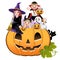 Halloween children wearing costume on pumpkin
