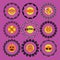 Halloween circle border pattern emblems set on purple