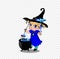 Halloween clip art character of anime blonde baby witch girl in blue dress with cauldron