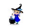 Halloween clip art character of kawaii blonde baby witch girl in blue dress with cauldron