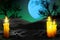 Halloween colorful cute dark mockup - background design template 3D illustration with lone candle on left side and many candles on