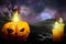 Halloween colorful haunting dark mockup - background design template 3D illustration with pumpkin candle on the left and two