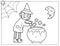 Halloween coloring page with a cute witch brewing a potion in a cauldron