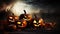 Halloween composition of a burning group of pumpkins with a candle, dark background. AI generated.