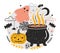 Halloween composition with witch pot full of potion, Jack-o`-lantern pumpkin, ghost against night sky, spiders and