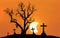 Halloween concept background with scary silhouette dead tree and spooky silhouette crosses with half moon