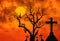 Halloween concept background with scary silhouette dead tree and spooky silhouette crosses in mystic graveyard and full moon