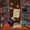 Halloween concept card with witch`s room.Halloween elements. vector illustration