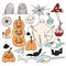 Halloween concept. hand drawn set of doodle Halloween elements. bat, poison, mushroom, cute ghost, pumpkin, bone, caramel apple