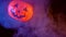 Halloween concept, moving plastic pumpkin lantern with blue-orange smoke around