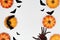 Halloween concept, Scary smile pumpkin with centipede and spider with silhouette flying black bat