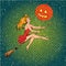 Halloween concept vector poster in retro comic pop art style. Witch girl flying on a broomstick, pumpkin moon