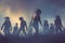 Halloween concept of zombie crowd walking at night