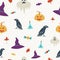 Halloween contemporary trendy vector illustrations seamless pattern. Hand drawn modern colorful elements background with