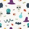 Halloween contemporary trendy vector illustrations seamless pattern. Hand drawn modern colorful elements background with