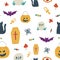 Halloween contemporary trendy vector illustrations seamless pattern. Hand drawn modern colorful elements background with