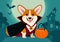 Halloween corgi dog in vampire costume against spooky background
